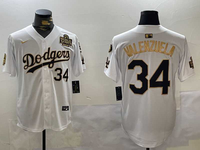 Mens Los Angeles Dodgers #34 Toro Valenzuela White Gold 2024 World Series With Fernando Memorial Patch Limited Stitched Jersey